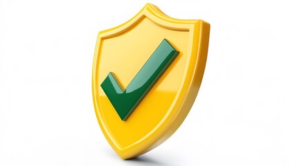 Fototapete - cartoon 3d Icon safety shield green check mark perspective . yellow symbol security safety icon. Green Checkmark in minimalistic style. 3d vector illustration. white background