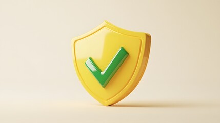 cartoon 3d Icon safety shield green check mark perspective . yellow symbol security safety icon. Green Checkmark in minimalistic style. 3d vector illustration. white background