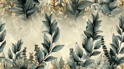 Canvas Print - Seamless wallpaper design of mystical garden elements, including detailed illustrations of sage, lavender, and eucalyptus, soft misty tones, vintage style, dreamy and ethereal, hand-drawn,