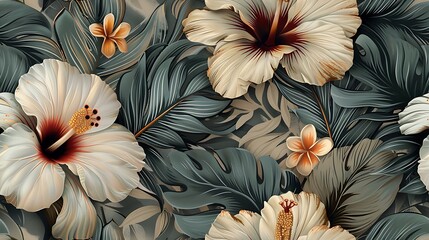 Seamless wallpaper design of tropical blooms, including detailed illustrations of hibiscus, bird of paradise, and orchids, soft pastel tones, vintage style, lush and vibrant, hand-drawn,