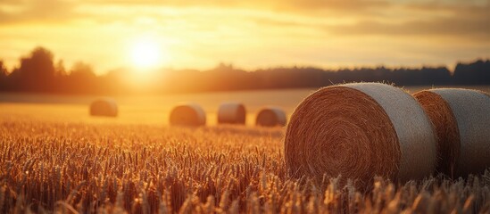 Wall Mural - Golden Sunset Over Wheat Field with Hay Bales - Serene Rural Landscape