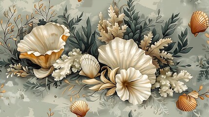 Wall Mural - Seamless wallpaper design of vintage botanical illustrations featuring seaweed, coral, and shells, set against a soft, muted aqua background, intricate hand-drawn details, natural light,