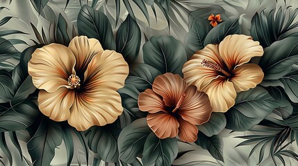 Wall Mural - Tropical blooms seamless wallpaper design, with hand-drawn vintage illustrations of hibiscus, bird of paradise, and orchids, vibrant color palette, soft boho backdrop, intricate details,