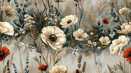 Canvas Print - Vintage boho seamless wallpaper featuring intricate illustrations of daisies, poppies, and lavender, set against a soft pastel background, hand-drawn style, natural lighting, hd quality.