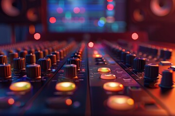 Aufkleber - A close-up view of a sound board with colorful lights in the background, suitable for use in music-related projects or as an abstract design element