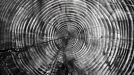 Warm gray cut wood texture. Detailed black and white texture of a felled tree trunk or stump. Rough organic tree rings with close up of end grain. 