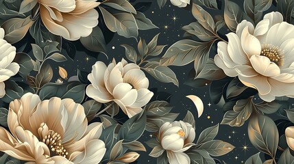 Canvas Print - Vintage celestial seamless wallpaper featuring intricate illustrations of moonflowers, jasmine, stars, and crescent moons, set against a dark, starry background, hand-drawn style, natural lighting,