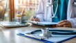 © Farid - Stethoscope and clip board on the doctor workplace close up.