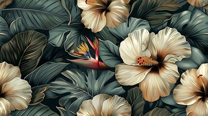 Poster - Vintage tropical seamless wallpaper featuring intricate illustrations of hibiscus, bird of paradise, and orchids, set against a warm, pastel background, hand-drawn style, natural lighting,