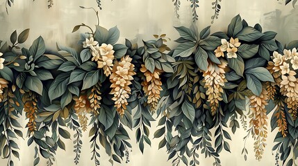 Wall Mural - Vintage vines seamless wallpaper design, with hand-drawn illustrations of cascading ivy, honeysuckle, and wisteria, deep green and lavender tones, soft muted backdrop, intricate details,