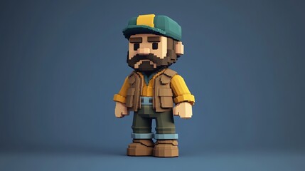3d low poly character, short beard and green cap, wearing an adventure jacket