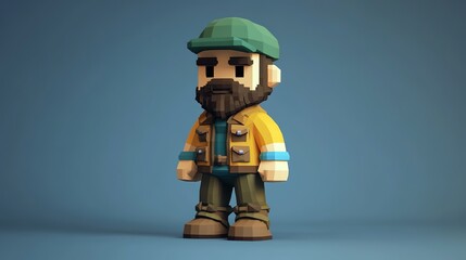3d low poly character, short beard and green cap, wearing an adventure jacket