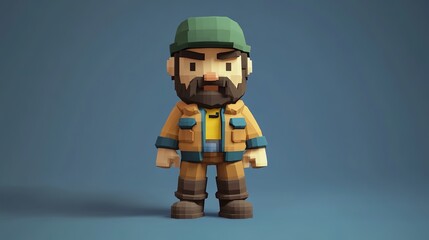 3d low poly character, short beard and green cap, wearing an adventure jacket