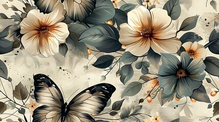 Wall Mural - Vintage-inspired seamless wallpaper design featuring delicate illustrations of butterflies among flowers and leafy branches, set against a muted, soft background, hand-drawn details, natural light,