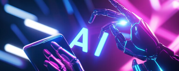 Poster - Futuristic AI robot hand interacting with a smartphone in neon lights representing technology advancement and artificial intelligence innovation