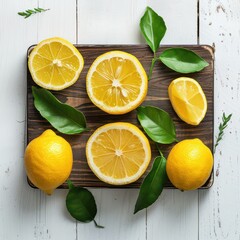 Wall Mural - Fresh lemons and leaves on a white rustic table, emphasizing natural simplicity.