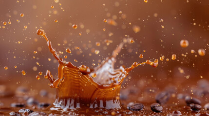Poster - Splashing coffee creates dynamic and energetic scene, with droplets flying in all directions, evoking sense of excitement and freshness. 