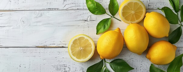 Wall Mural - Fresh lemons and leaves on a white rustic table, emphasizing natural simplicity.