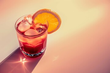   A close-up photo of a glass containing a purple grape slice and a bright background illumination. Beautiful simple AI generated image