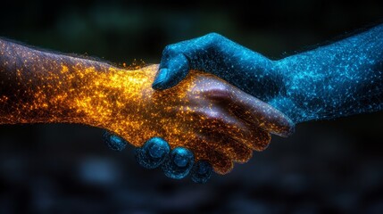 Poster - Hands in glowing orange and blue engage in a handshake, representing cooperation and synergy in a creative and artistic setting.