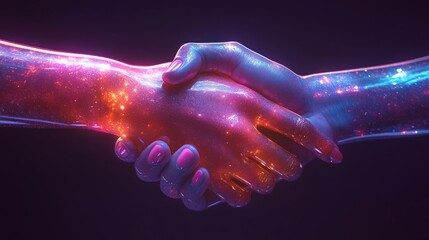 Poster - Two hands, one iridescent and glittering, meet in a handshake against a vivid cosmic background.