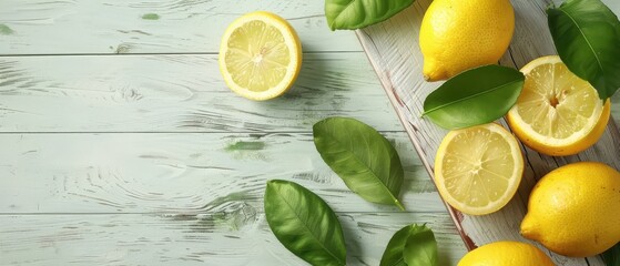 Wall Mural - Fresh lemons and leaves on a white rustic table, emphasizing natural simplicity.