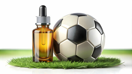 Photo Realistic as Essential oil bottle and soccer ball concept as An essential oil bottle paired with a soccer ball combining wellness and sport themes for a clean and isolated vector design. in  Pho