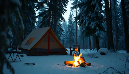 Wall Mural - A red camping tent in a snowy forest at night, with a campfire burning in the foreground