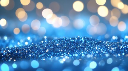 Fototapete - A dazzling array of blue glitter glimmers under soft bokeh lights, creating a magical and vibrant backdrop