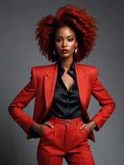 Black Woman Wearing Red Suit With Dark Grey Background. Generative Ai