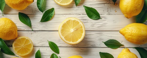 Wall Mural - Fresh lemons and leaves on a white rustic table, emphasizing natural simplicity.