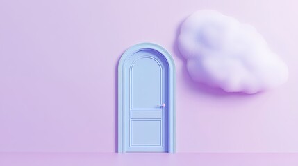 Wall Mural - A cyan arch door and a soft cloud in a 3D render, placed on a light purple background in a minimalist style.