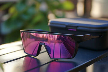 Fashionable sunglasses with reflective lenses and purple details on a wooden table