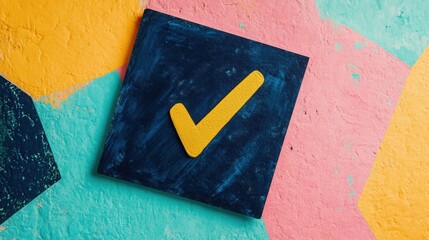 Poster - A bold yellow checkmark is prominently displayed on a textured, colorful geometric backdrop