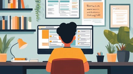 Poster - Flat design of a virtual language learning class or online education platform  Students and teacher communicating and studying a foreign language through an interactive digital interface