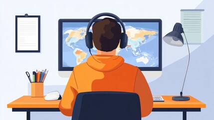 Poster - of a virtual language learning class with a flat design style showcasing the concept of online education digital learning and remote teaching in a modern minimalist and interactive setting