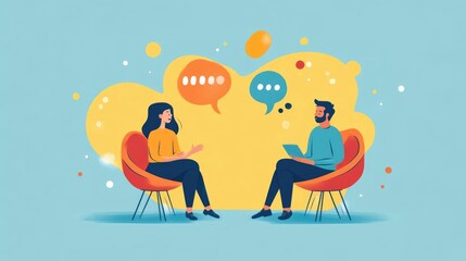 Poster - Flat design depicting the process of language learning and practicing conversation with a partner or mentor  The image showcases the concept of improving communication skills knowledge acquisition