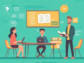 Poster - of a language learning scene with a teacher explaining grammar rules to students in a flat minimalist design style  The image depicts the concept of education teaching and academic learning