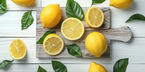 Wall Mural - Fresh lemons and leaves on a white rustic table, emphasizing natural simplicity.