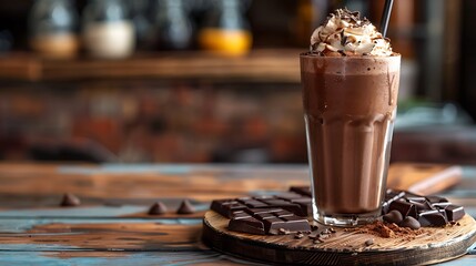 Cool chocolate shake summertime drinks with a wooden background in a restaurant