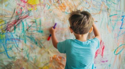 A young child creates colorful art on a wall using crayons, showcasing their creativity in a bright indoor environment