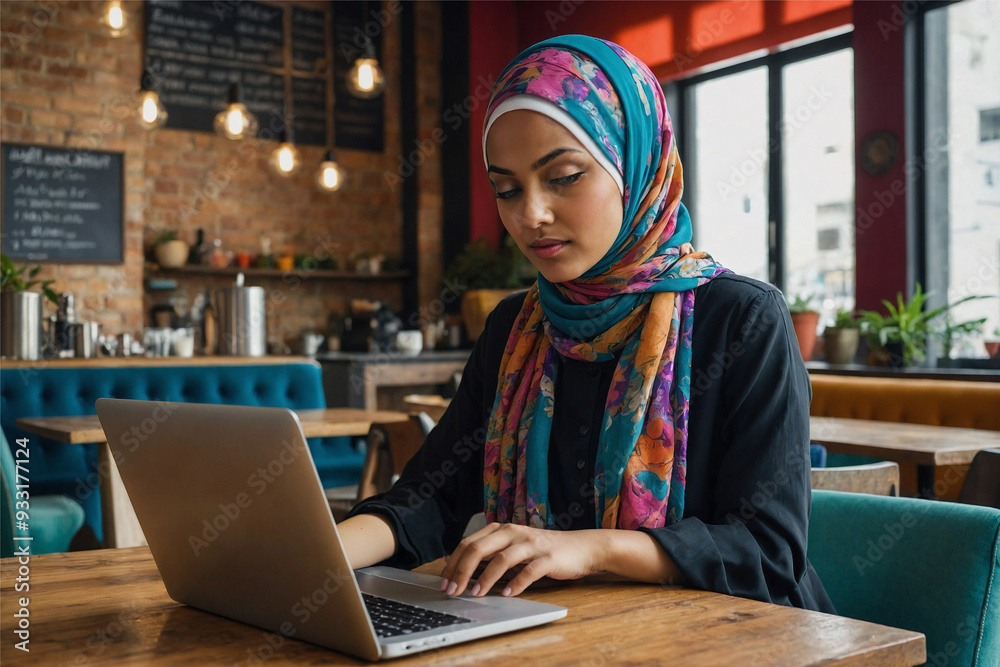 A young woman in a vibrant hijab and black top is focused on her laptop ...