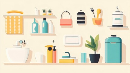 Poster - Flat design of household items with labels in a new language designed for language learning education and communication purposes  The simple