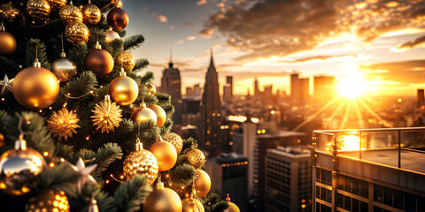 Photo Realistic as Golden sunset over a festive cityscape concept as A dynamic cityscape with the warm hues of sunset and festive decorations symbolizing celebration and success perfect for business p