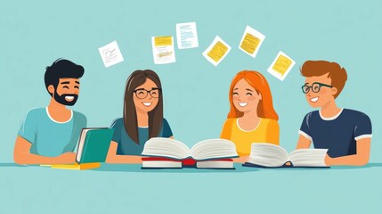 Poster - of a group study session for language learning with classmates in a flat design style  The image depicts students collaborating sharing ideas
