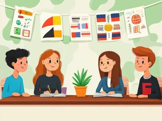 Poster - of a Language Learning and Exchange Program with a Native Speaker Showcasing Flat Design Style for Educational Communication and Cultural Concepts