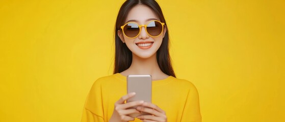 Wall Mural - Happy Woman in Yellow Sunglasses Using Smartphone