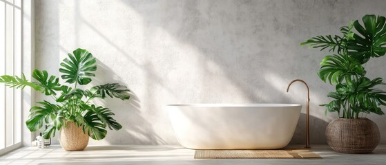 Poster - Minimalist Bathroom with Freestanding Tub and Tropical Plants