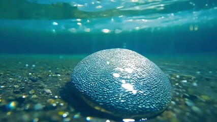 Wall Mural - Round stone is resting on a riverbed with the water surface visible above, creating a serene and tranquil underwater scene