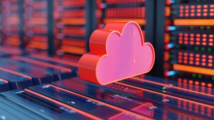 Poster - A vibrant cloud symbol floating above data servers, representing modern cloud computing and digital storage technology.
